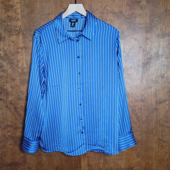 Jones and Co suiting stripe silky button up collared shirt blue black white XL - Picture 1 of 8